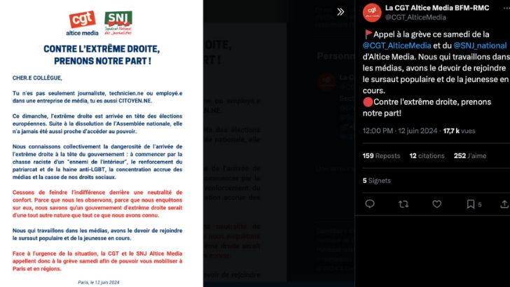 Les syndicats CGT et SNJ d’Altice Media appellent à la grève pour protester contre l’extrême-droite