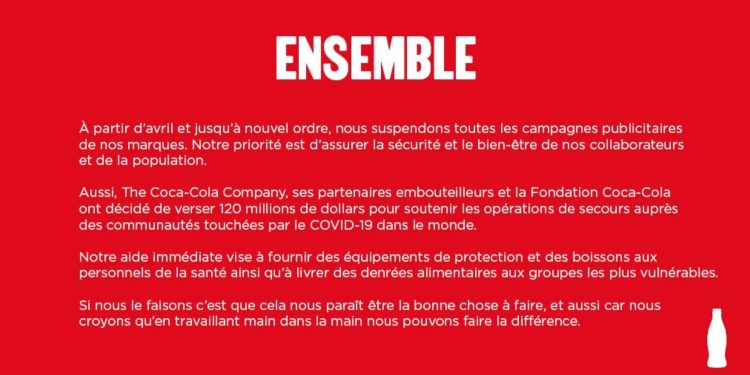 Coca-Cola suspend 120M$ de campagnes publicitaires et soutient la mobilisation contre le Covid-19