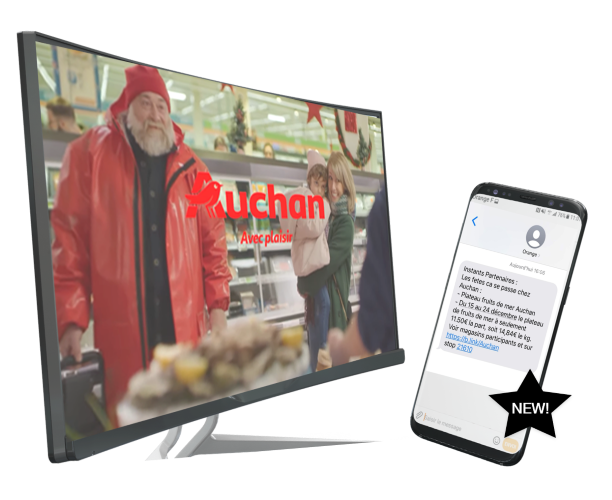 Retargeting et géociblage sur SMS actionnés par Auchan, avec Havas Media, pour une campagne TV qui a inauguré la nouvelle offre Screen Booster d’Orange Advertising