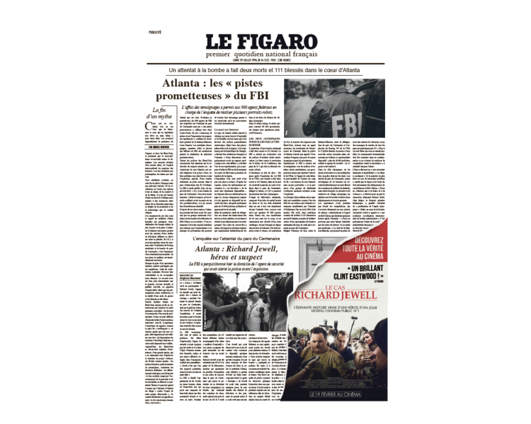 Media.figaro et 14Haussmann reconstituent une «Une» du Figaro avec des articles de 1996 à l’occasion de la sortie du film «Le Cas Richard Jewell»