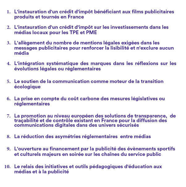 Crédits d’impôts, réduction des mentions légales, RSE et ouverture ponctuelle de la publicité TV après 20h sur le service public parmi les 10 propositions de l’Union des marques aux dirigeants politiques