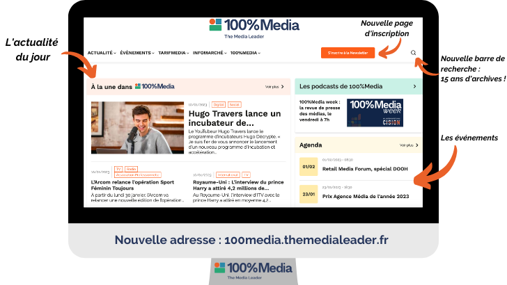 La page d'accueil du nouveau site 100%Media